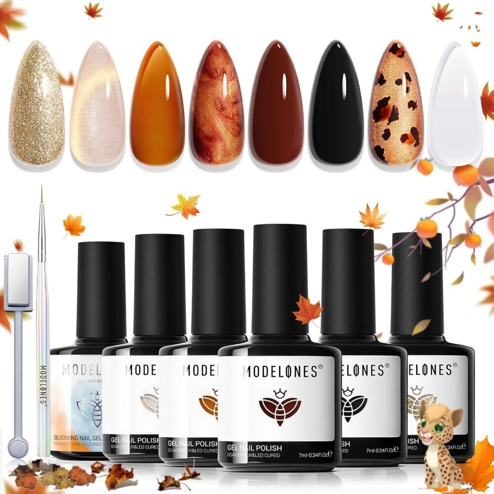 Gel Nail Polish Set, 6 Fall Colors Clear Blooming Nude Gold Glitter Cat Eye Gel